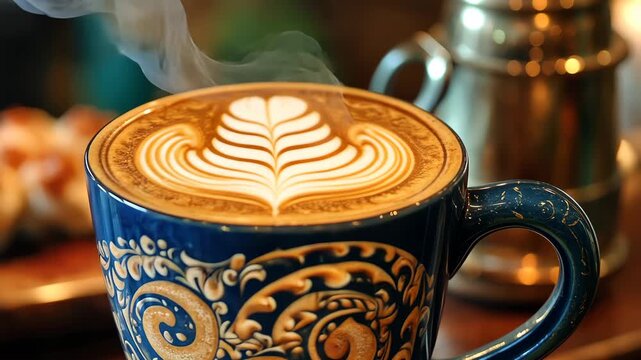 Steamy morning coffee in a fancy blue mug with latte art on a wooden table in a cozy cafe