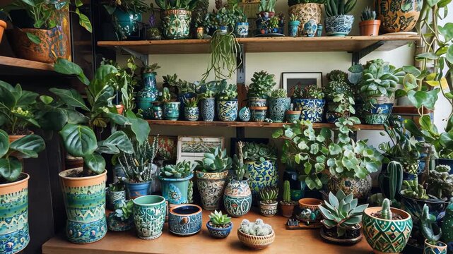 Indoor garden with cacti and succulents in a variety of patterned pots displayed on shelves and a tabletop near a window