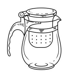 Stylish vector line art of a glass teapot in monochrome, showing simple silhouette and smooth handle, ideal for modern kitchen illustration or tea theme artwork.