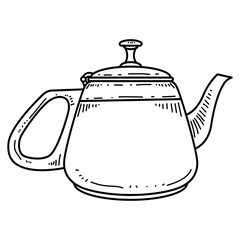 Obraz premium Vector line art illustration of stainless steel teapot in black and white, showing spout, handle, and lid details, perfect for kitchen icons, cafe designs, or tea-related artworks.