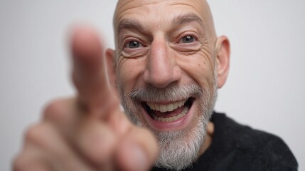 A man stands prominently in the foreground, pointing directly ahead to engage the viewer. The gesture of the man suggests a significant intention to communicate a clear message.