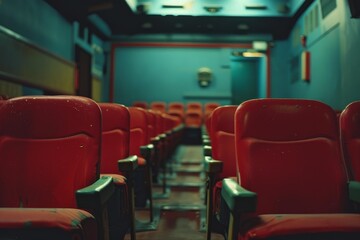 Rows of empty red seats await patrons in a deserted old cinema or theater, evoking a sense of nostalgia and anticipation