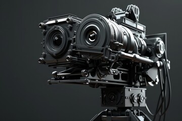 Professional digital cinema camera standing on tripod, ready for recording video or movie