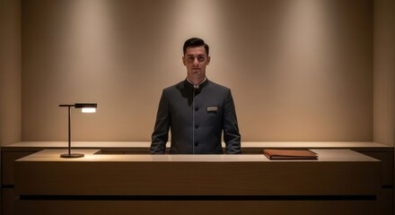 Night porter in a modern hottel lobby. Hospitality, service, and travel assistance.