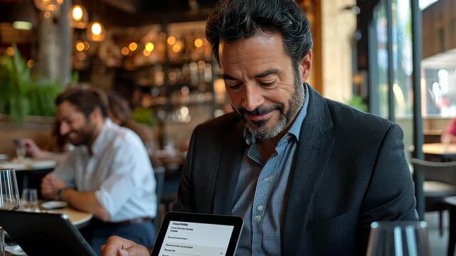Man in jacket reviewing something on tablet at restaurant during daytime, with person in background