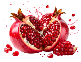 Fresh Pomegranate Fruit Splitting Open with Juicy Seeds and Splash