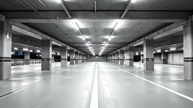 A wide, perspective shot of a modern, empty parking garage with pillars and lighting