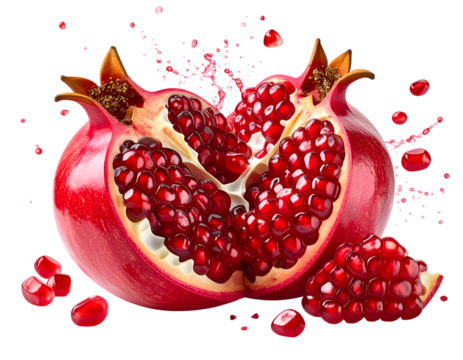 Fresh Pomegranate Fruit Splitting Open with Juicy Seeds and Splash