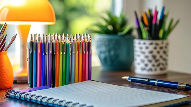 Colorful pen collection near blank notebook on wooden desk with orange lamp and plants, indoors during daytime