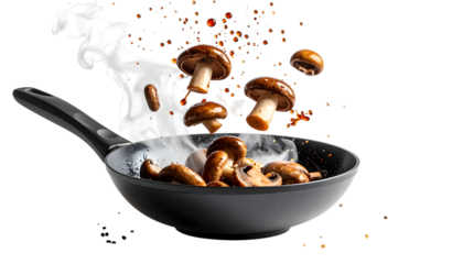 Fresh Mushrooms Sizzling in Frying Pan with Steam and Oil Splatter
