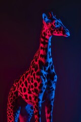 Giraffe silhouette illuminated by vibrant neon red and blue lights against dark background, creating dramatic contrast and modern artistic effect for nightclub or event design.