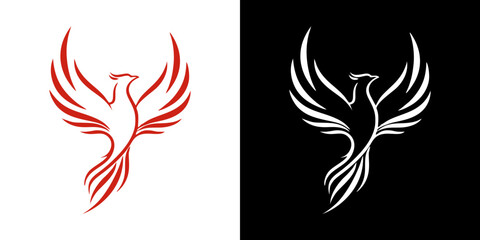 Stylized illustration of a phoenix bird, presented in two contrasting color schemes.