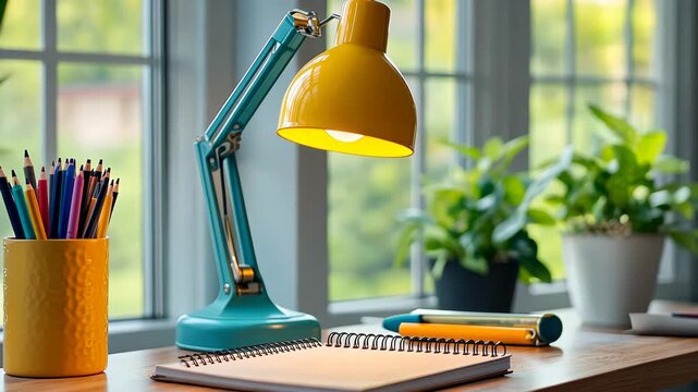 Close up of desk setup by window with yellow lamp, colored pencils, notepad, and potted plant providing workspace for student or artist