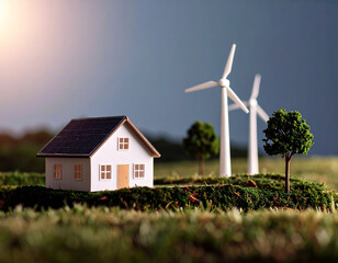 Model house with solar panels surrounded by wind turbines green landscape symbolizes sustainable