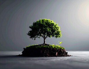 Vibrant tree stands on small patch of earth, symbolizing growth and sustainability