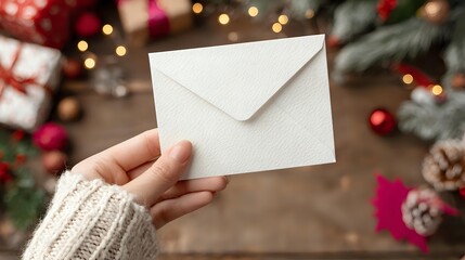 White envelope held in hand wearing knitted sweater against Christmas holiday background with gifts, pine branches, bokeh lights and decorations on wooden table.