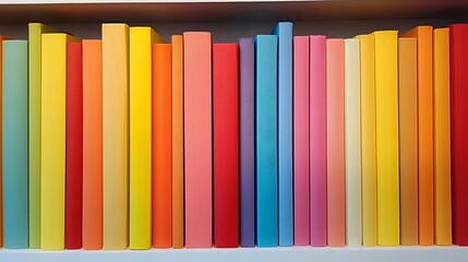 Colorful book spines arranged in rainbow order on wooden shelf, creating vibrant gradient pattern from yellow to red to blue to pink and orange. For education and library concepts.