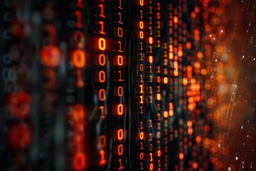 Orange and red binary code streams flowing on a dark background, creating a futuristic technological ambiance