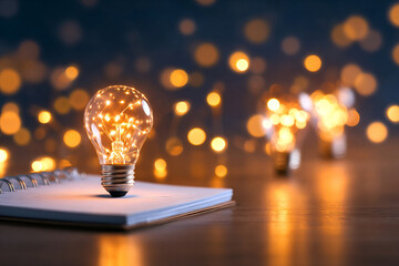 Glowing light bulb notebook with blurred background of warm bokeh lights creates inspiring