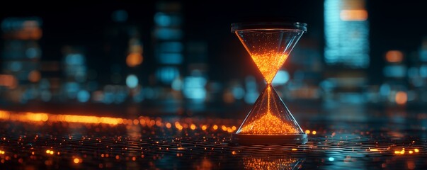Hourglass filled with glowing particles on a reflective surface with city bokeh, concept for time management, deadlines and project completion