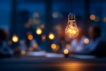 Glowing light bulb illuminates meeting room filled with blurred figures, creating warm
