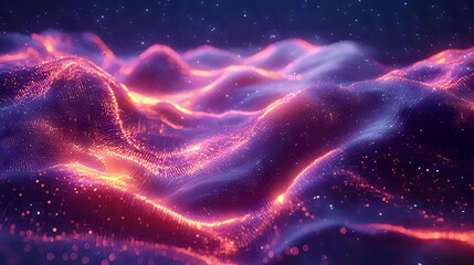 Obraz premium Glowing waves of purple and orange light dance across starry cosmic landscape, creating ethereal aurora-like patterns against dark space background.
