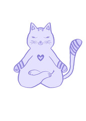 Hand drawn illustration of a purple-colored cat peacefully meditating in a lotus pose, symbolizing calm, mindfulness, yoga practices. White background highlights simplicity and elegance of design.
