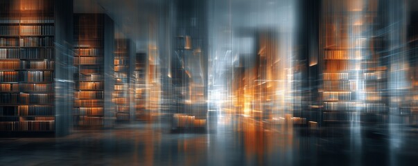 Abstract blurred depiction of a library interior filled with bookshelves and knowledge, concept for historical research, academic exploration and literary inspiration