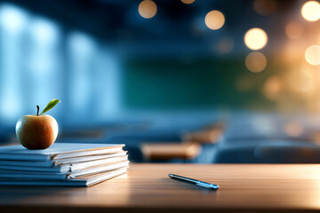 Fresh apple on stacked books in classroom, symbolizing education and learning