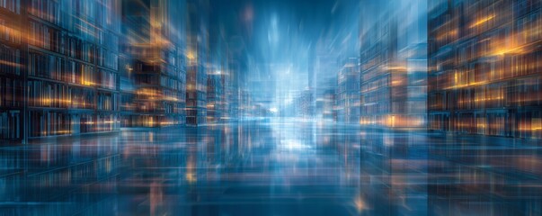 Abstract city landscape with blurred lights and futuristic architectural elements, concept for technological background, virtual reality experience and future cityscape design