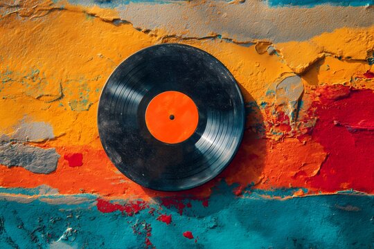 Black vinyl record with an orange label on a vibrant, textured wall with layers of paint, concept for music store display, retro style promotion and art poster design