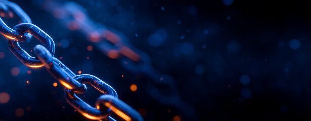 Chains glimmering in blue light, symbolizing strength and security in digital world
