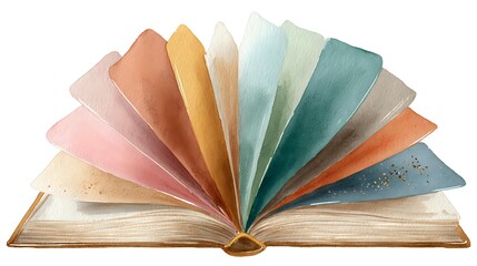Open vintage book with fanned pages in rainbow pastel colors, artistic paper arrangement showing gradient transition from pink through yellow to blue tones.