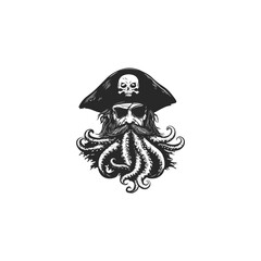 illustration of an angry pirate captain wearing a tricorn hat with a skull and crossbones emblem. His beard is creatively replaced by detailed octopus tentacles