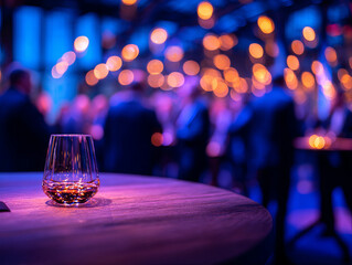 Stylish glass on wooden table at networking event, surrounded by blurred lights and people