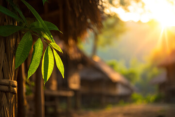 Lush green leaves bask in sunlight, highlighting traditional huts in serene village setting