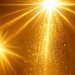 This stunning image captures a burst of golden light radiating with vibrant energy. Sparkling particles float within the beams, creating a magical atmosphere. The interplay of light showcases intricat