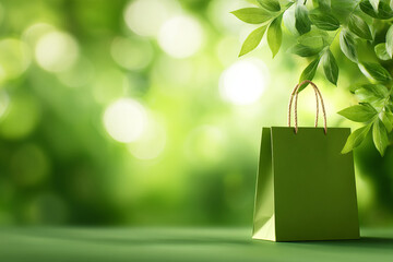 Eco friendly shopping bag surrounded by green leaves, promoting sustainability and nature