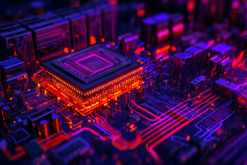 High tech circuit board with glowing microchip and vibrant colors, showcasing advanced