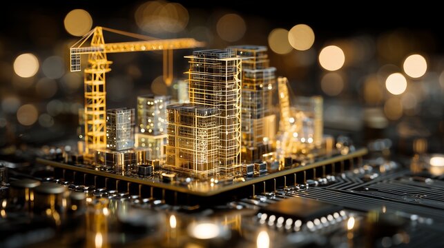Miniature cityscape with a crane model placed on a circuit board with bokeh background, concept for future technology, urban development and innovation engineering
