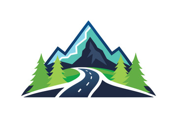 mountain with road and pine tree icon vector in white background
