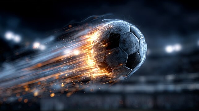Dynamic soccer ball streaks across a dark arena with intense light trails and glowing particles