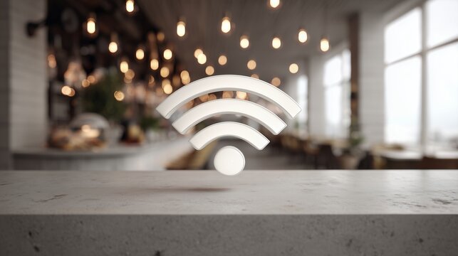 Wireless internet signal on marble countertop with blurred cafe background featuring ambient lighting, concept for digital connection, remote working and modern lifestyle