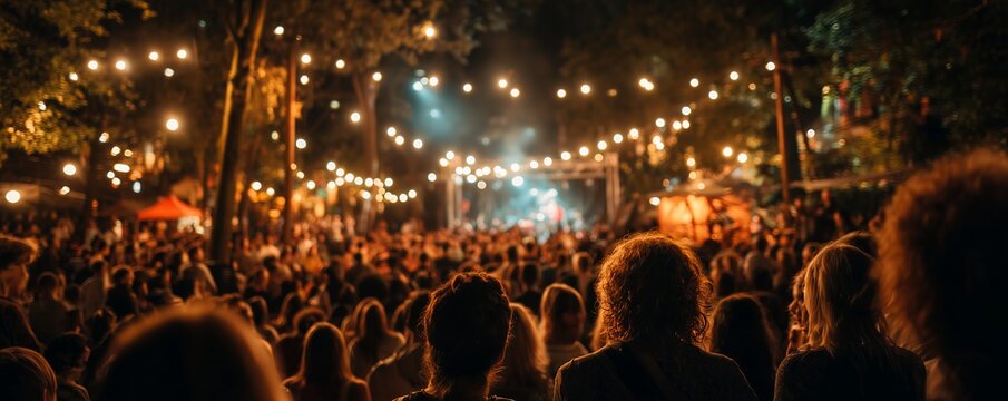Large crowd of people at an outdoor concert under glowing string lights at night, concept for summer festival, community event and live entertainment