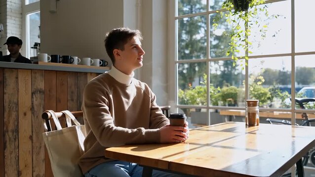 Young Caucasian Male Relaxing in a Cozy Cafe with Coffee