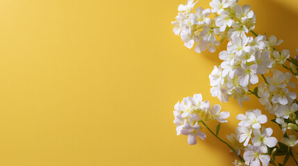 Delicate white flowers arranged against a vibrant yellow background create a fresh and cheerful setting