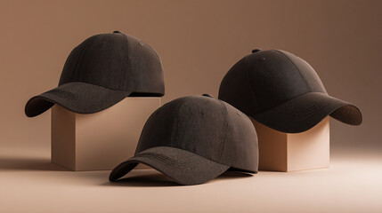 Stylish black caps displayed on beige cubes showcasing modern design and texture in a minimalistic setting