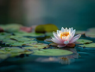 Beautiful pink water lily blossoms on a tranquil pond surrounded by green lily pads in soft morning light