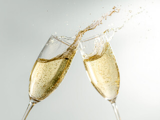 Sparkling glasses clink together in celebration during a joyful toast at a festive gathering