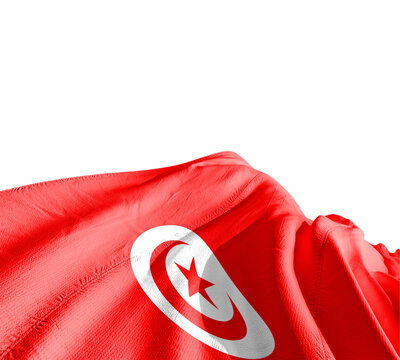 Tunisia flag waving on white background with clipping path. Cliping path is easily cutout the flag. Tunisia national flag for independence day. - Powered by Adobe